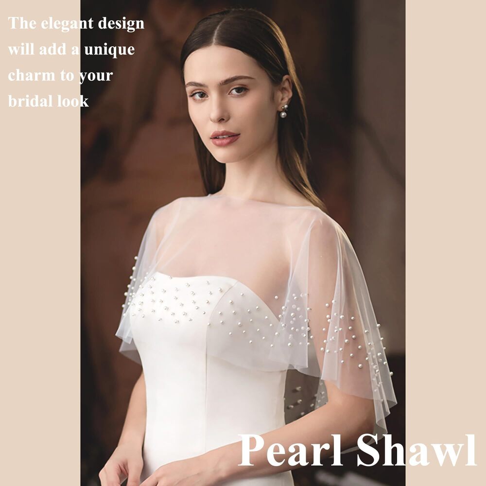 5764 Pearl Wedding Shawl White Wrap Shrug Bridal Cape Sheer Tulle - Picture 2 of 7